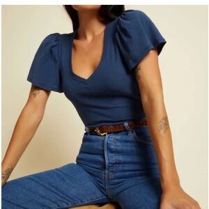 NWT Nation LTD Navy Darcie Flutter Sleeve V Neck Tee Shirt XL